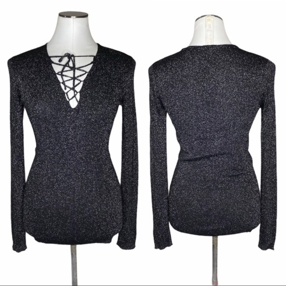 Sandro Paris Metallic Lace-Up Ribbed Knit‎ Top Black Size L